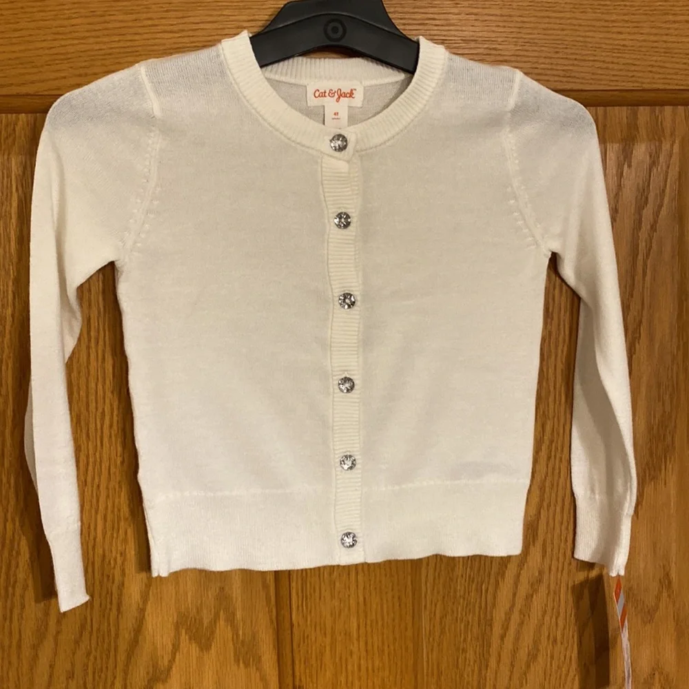 4T Cat & Jack Cream Cardigan Sweater with sparkling buttons, ribbed cuffs& waist - Picture 3 of 9